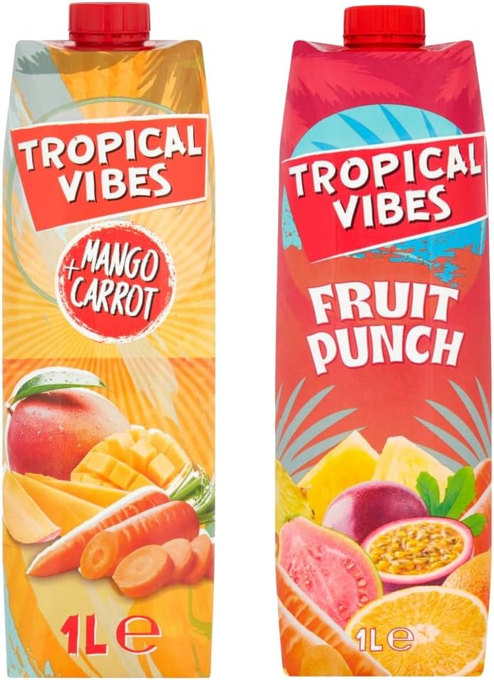VSTAR Tropical Vibes Combo Pack: Fruit Punch & Mango + Carrot Juice, 1L Each - Natural Flavors, Refreshing Drink for All Seasons (6)