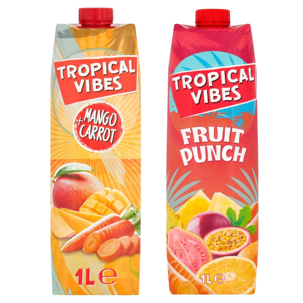 VSTAR Tropical Vibes Combo Pack: Fruit Punch & Mango + Carrot Juice, 1L Each - Natural Flavors, Refreshing Drink for All Seasons (6)