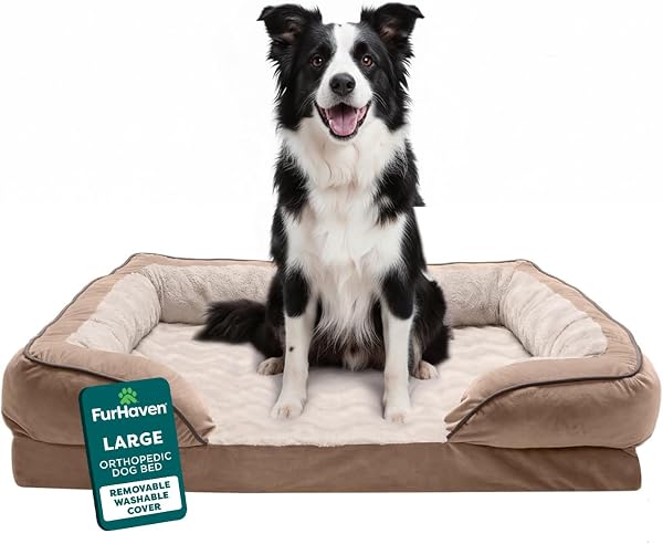 Furhaven Orthopedic Dog Bed for Large/Medium Dogs w/Removable Bolsters & Washable Cover, for Dogs Up to 55 lbs - Plush & Velvet Waves Perfect Comfort Sofa - Brownstone, Large - 1