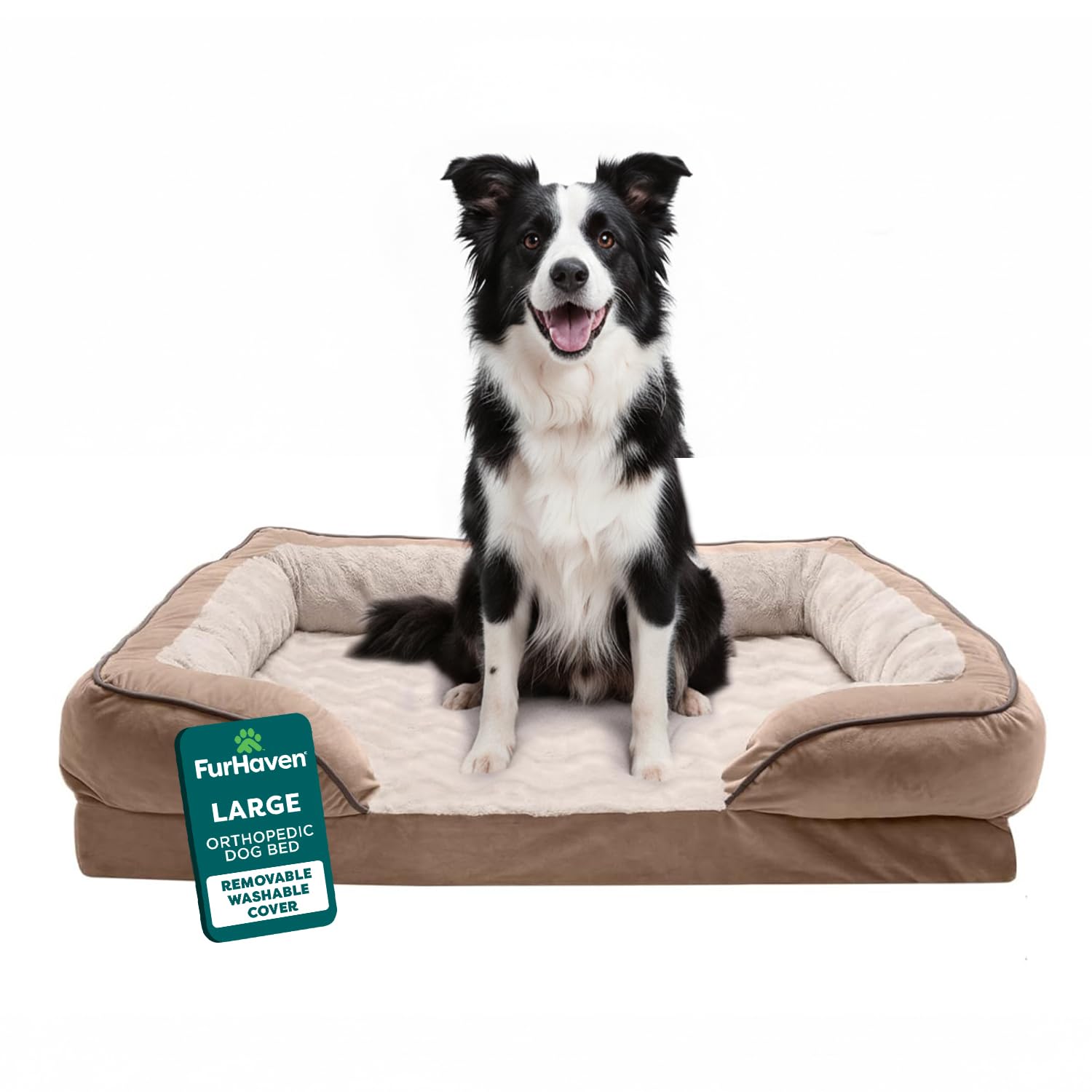 Furhaven Orthopedic Dog Bed for Large/Medium Dogs w/Removable Bolsters & Washable Cover, for Dogs Up to 55 lbs - Plush & Velvet Waves Perfect Comfort Sofa - Brownstone, Large