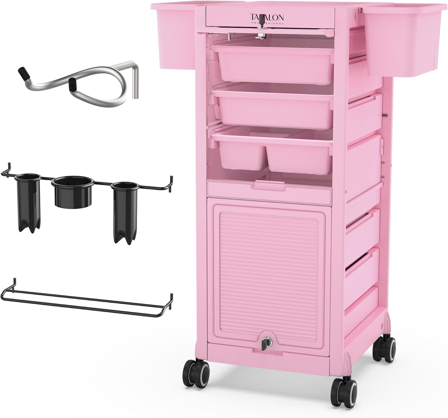 TASALON Lockable Beauty Salon Cart – Salon Stations for Hair Stylist, Salon Trolley with 6 Drawers and Tool Holders, Rolling Cart with Wheels, Lock and Door, Tool Cart for Barber Station, Pink