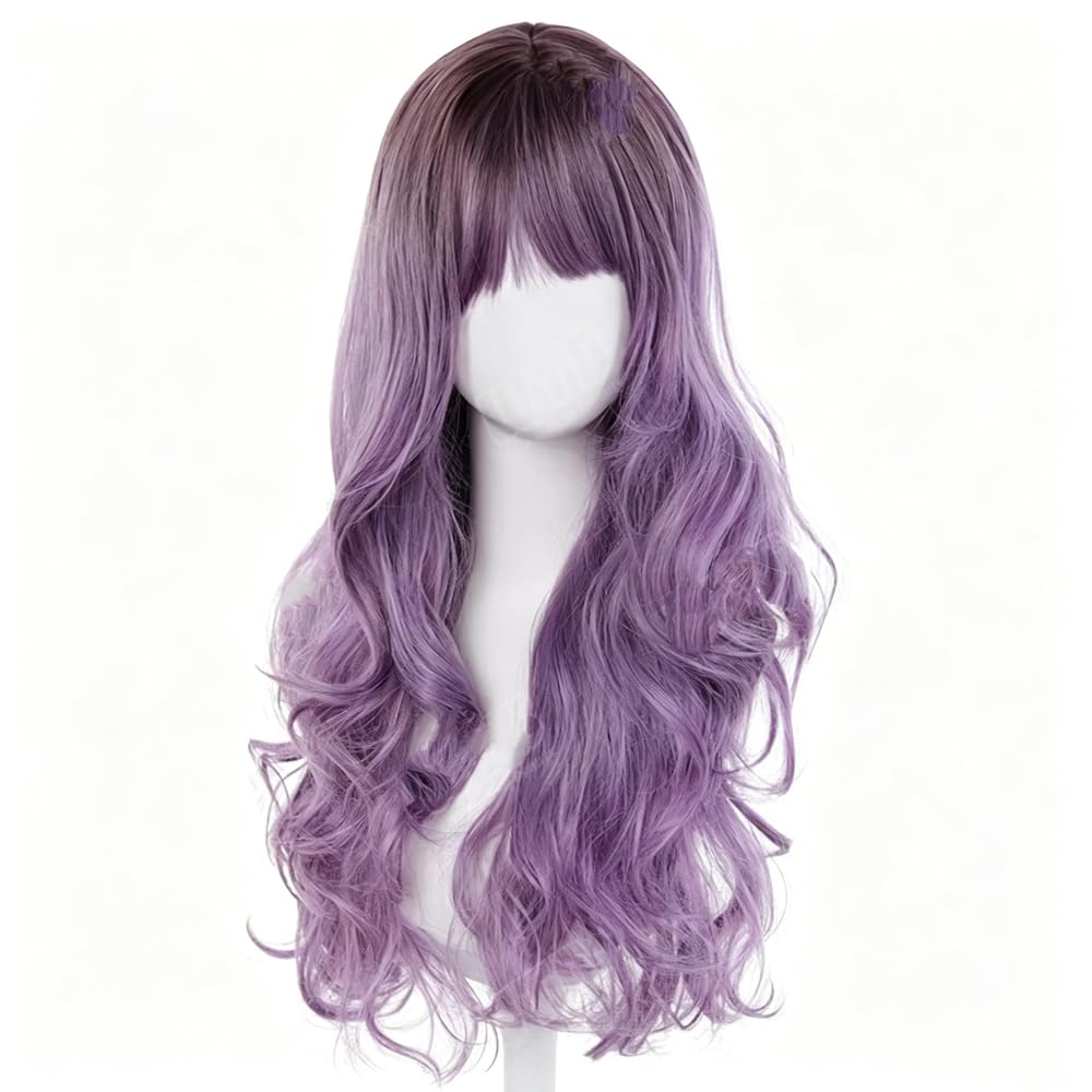 Haarpflege Lila Lange Lockige Perücke Mit Farbverlauf Und Pony Geeignet Für Damen Und Mädchen Im Täglichen Festival-Cosplay-Einsatz