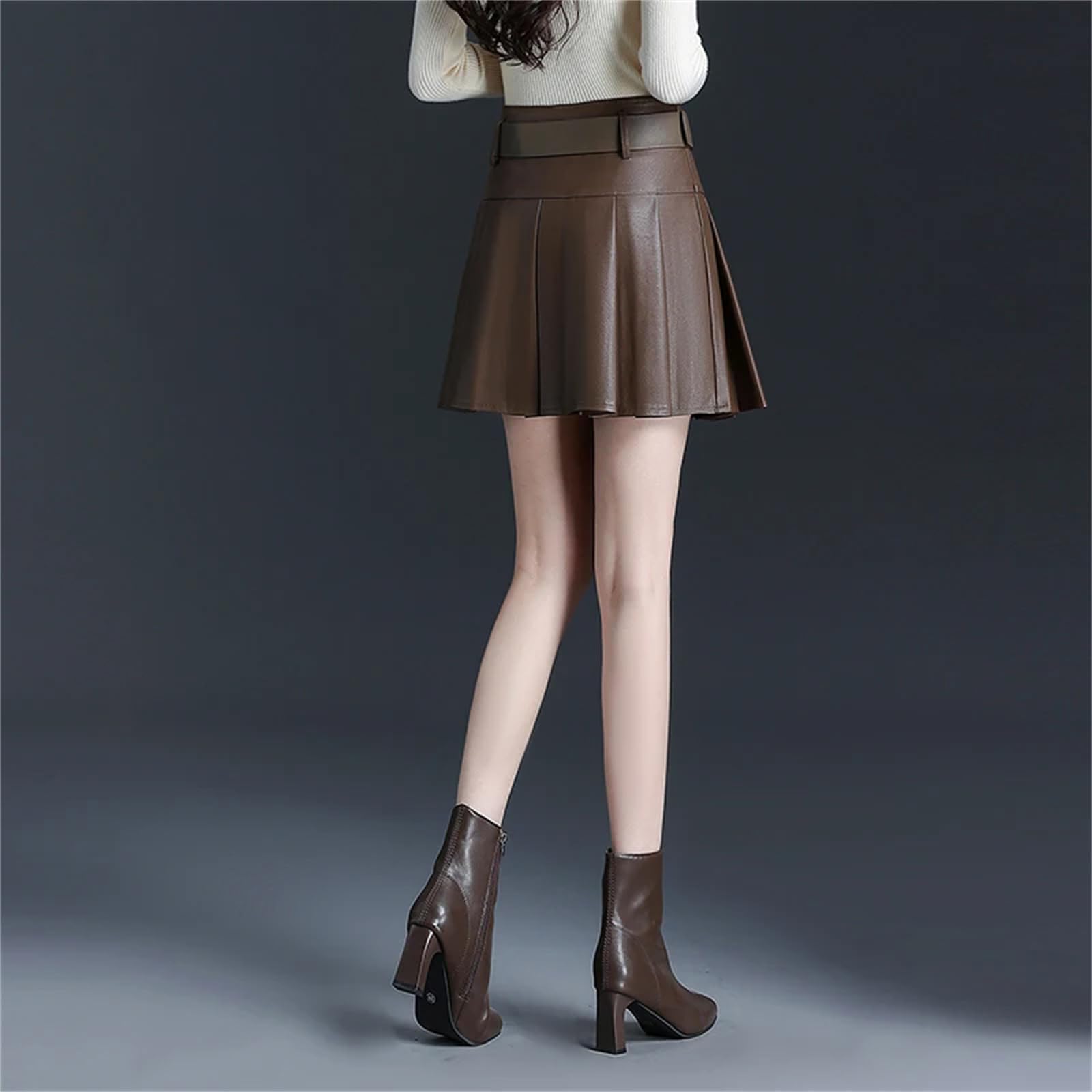 Minifalda de piel sintética para mujer, para otoño e invierno, cintura alta, elegante, corta, plisada, falda para botas
