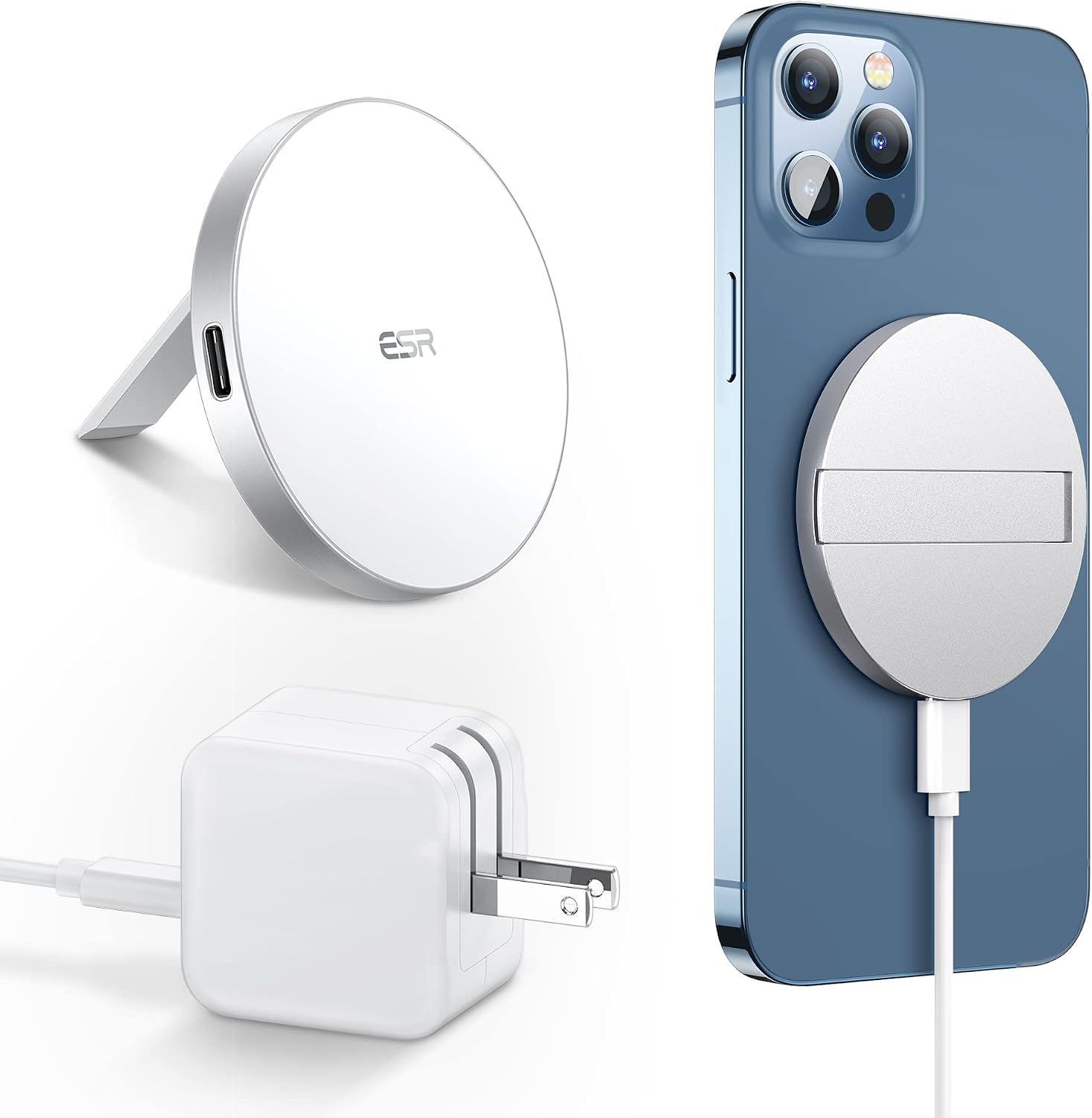 ESR HaloLock Kickstand Wireless Charger, MagSafe-Compatible Charger for iPhone 14/14 Plus/14 Pro/14 Pro Max and iPhone 13/12 Series, with 5 ft USB-C Removable Cable and 20W USB-C PD Adapter, White