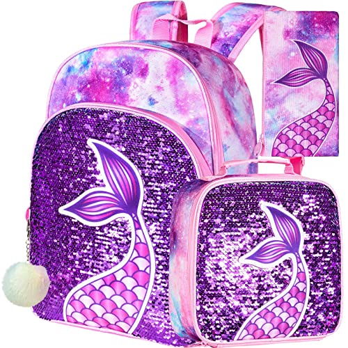 3Pcs Kids Backpacks For Girls, 16" Little Kid Mermaid Sequin Preschool School Bookbag And Lunch Box #TOP24
