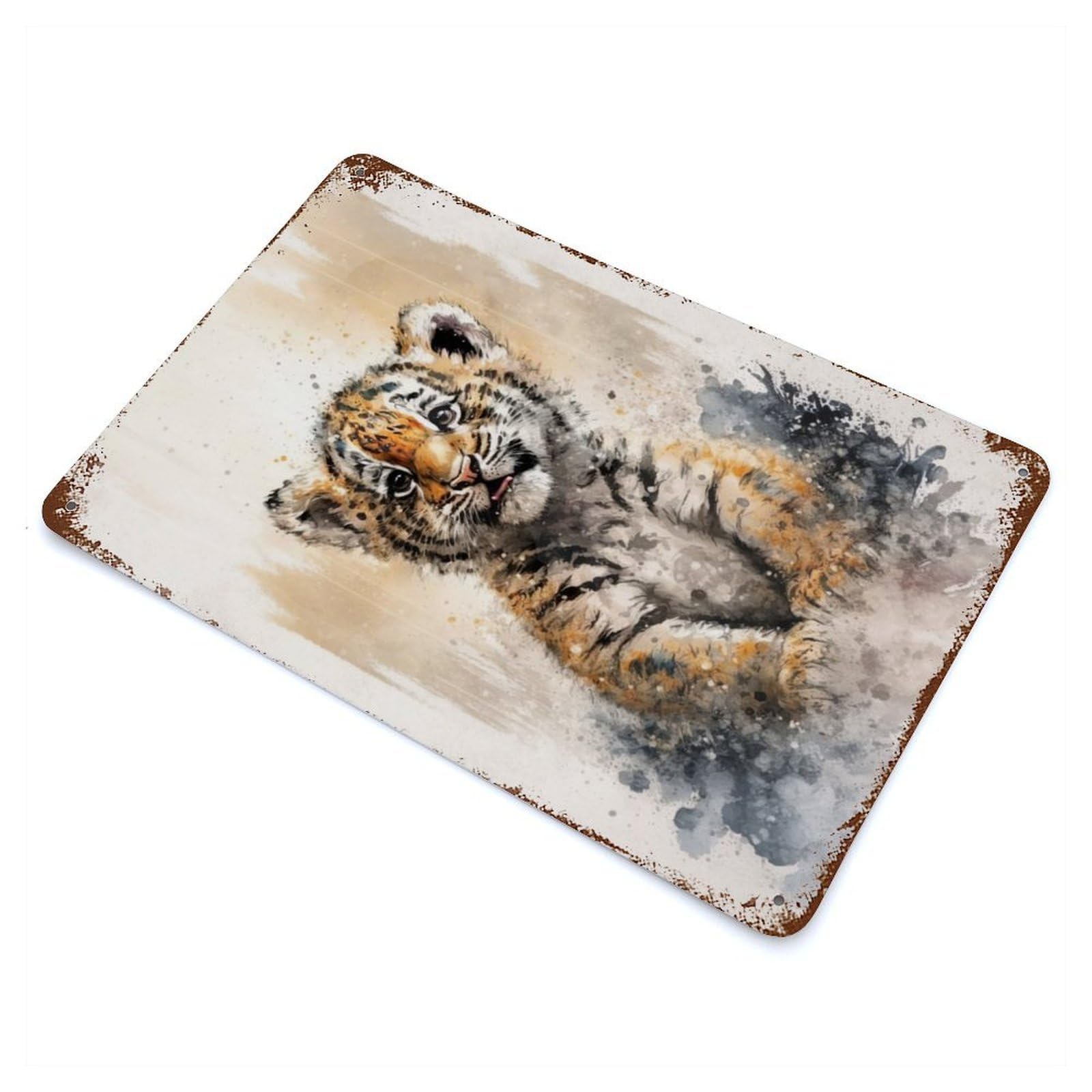 Distressed Metal Wall Sign with Tiger Watersketch Drawing Design 11.8"x7.9", for Living Room, Hallway And Home Decor, Vintage Wall Decor