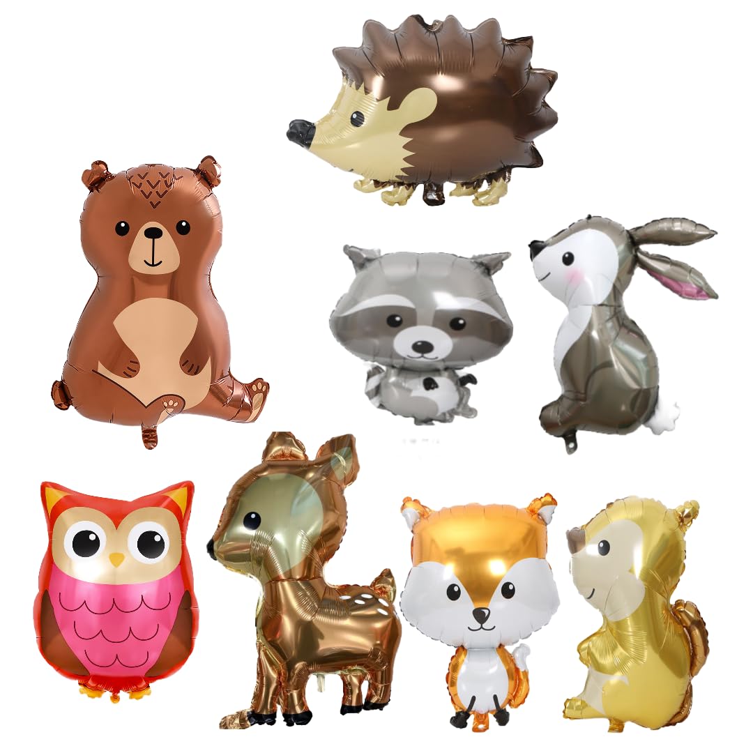 Jungle Animal Balloons,8 PCS Woodland Animal Balloons,Forest Theme Party Decorations with Raccoon Squirrel Hedgehog Fox Bear Foil Helium Balloon for Party Supplies