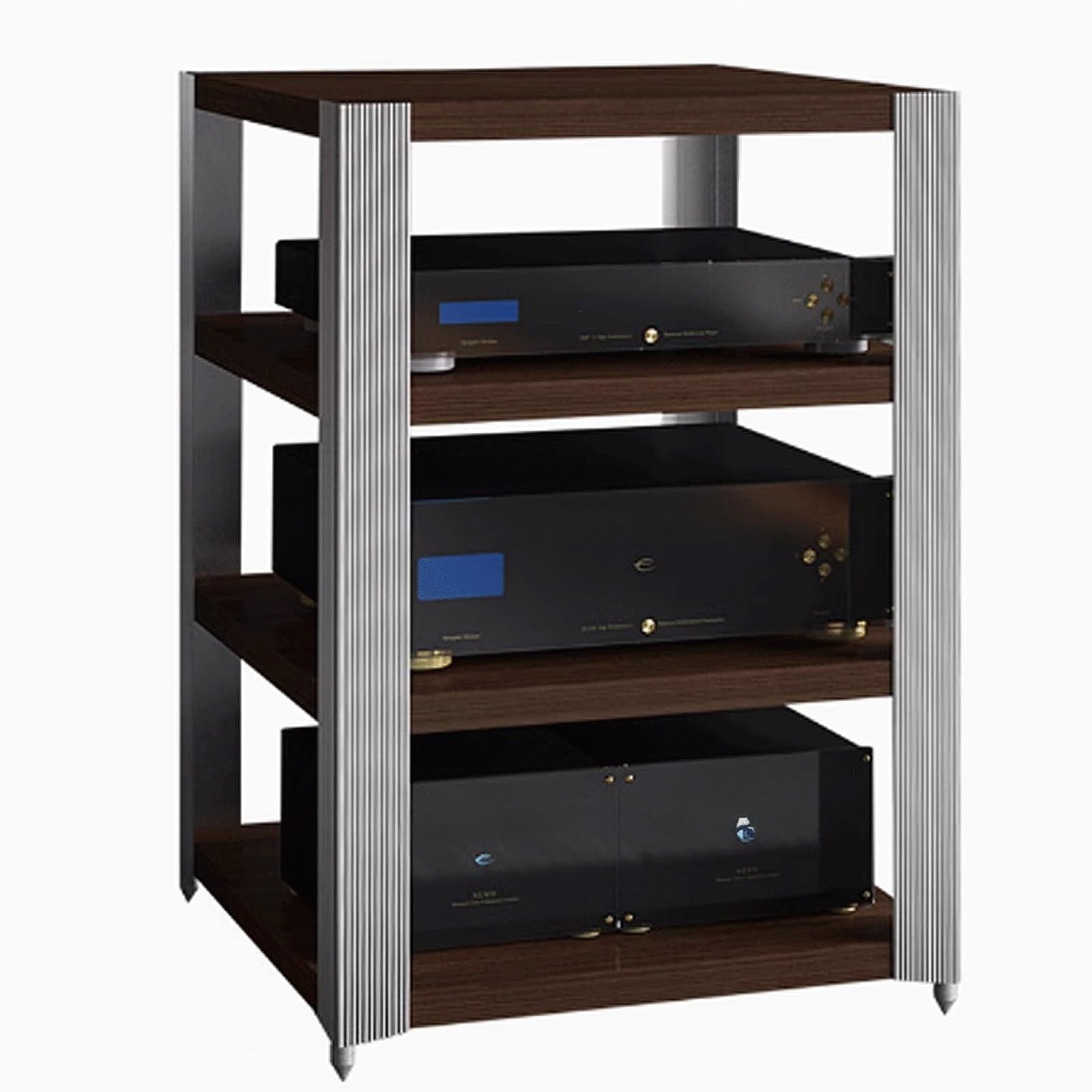 Moderno supporto AV in lega di alluminio a torre con mensola a 4 strati, design ammortizzante in marrone e argento, perfetto per home theater e apparecchiature audio