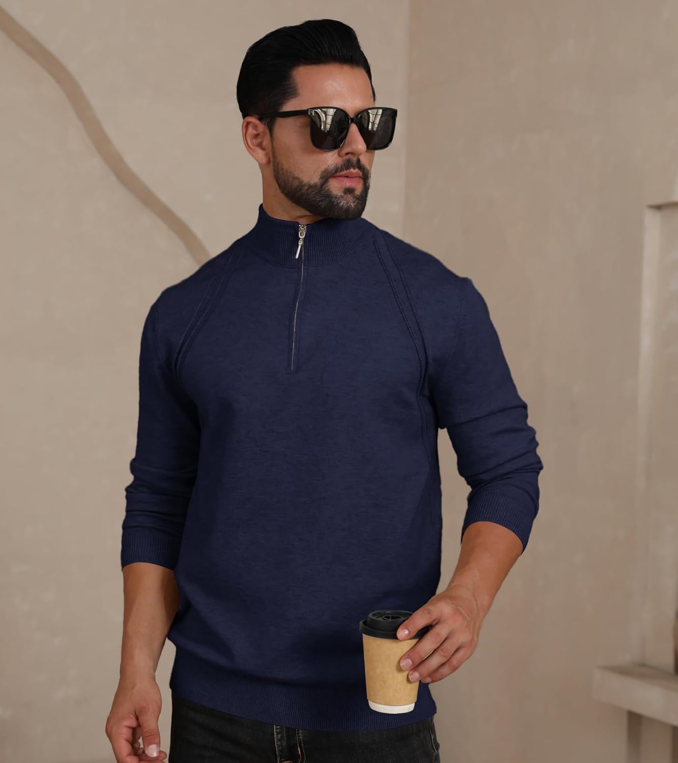 Mens Fashion Knit Pullover Sweater Quarter Zip Long Sleeve Mock Neck Ribbed Sweater - Image 2