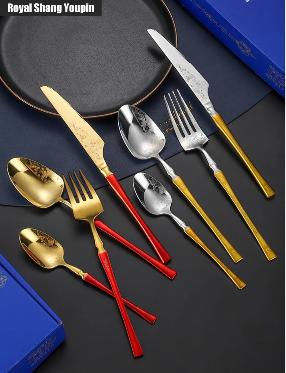 Creativo Vita Piccola Modello Laser Cucina in Acciaio Inox Posate Da Tavola Posate Set Di Posate Coltello Da Bistecca Forchetta Cucchiaio Cucchiaino (Oro argento,16 pezzi)