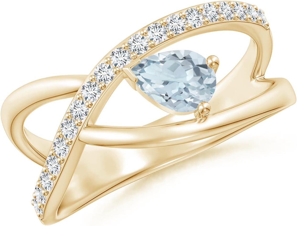 Angara Natural Aquamarine Ring for Women | Criss Cross Pear Shaped Aquamarine Ring with Diamond Accents in 14K Solid Gold/Platinum | March Birthday, Anniversary, Gemstone Jewellery Gift