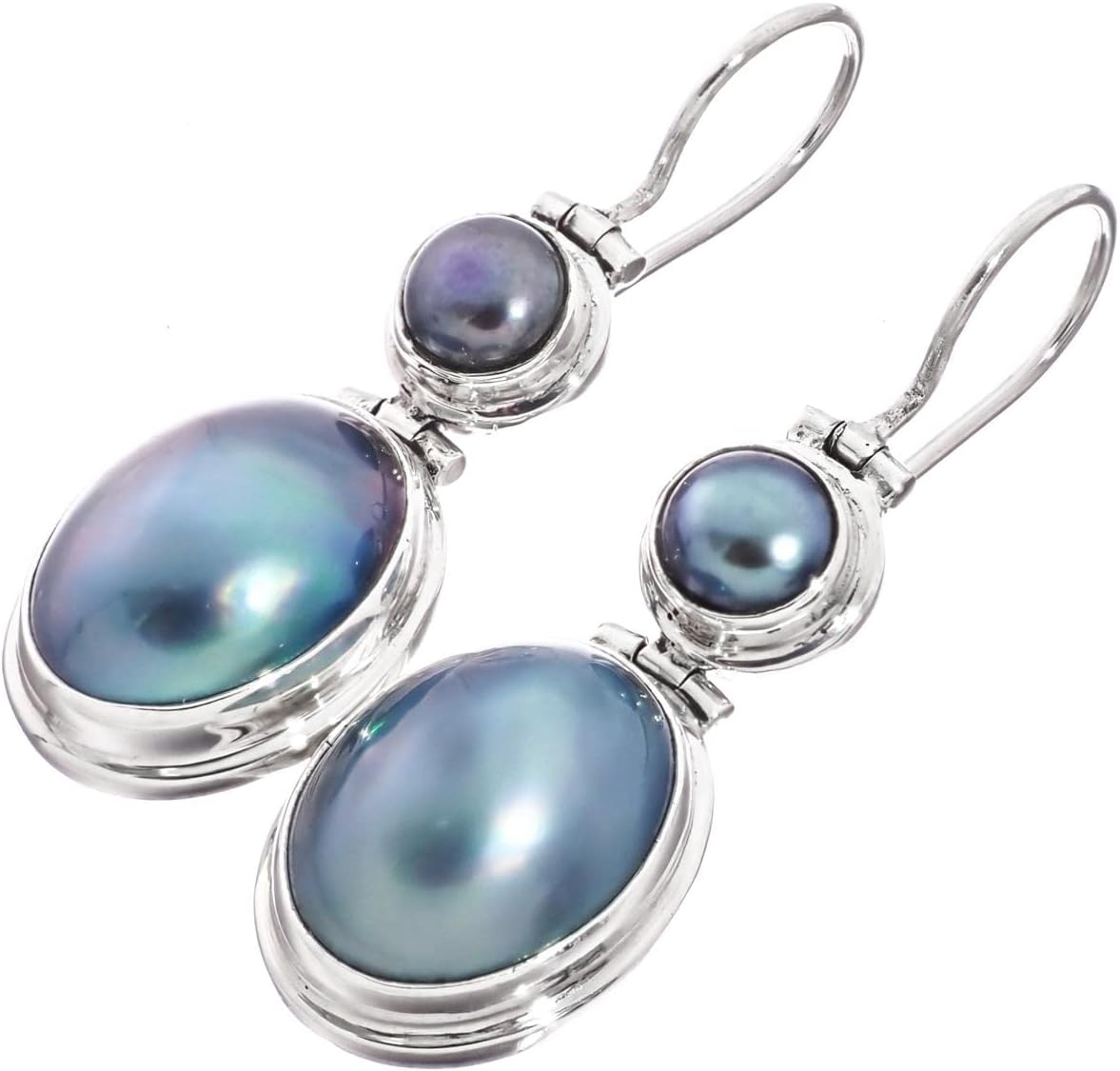 925 Silver Blue Oval Mabe Cultured Pearl Sterling Dangle Drop Earrings, 1"