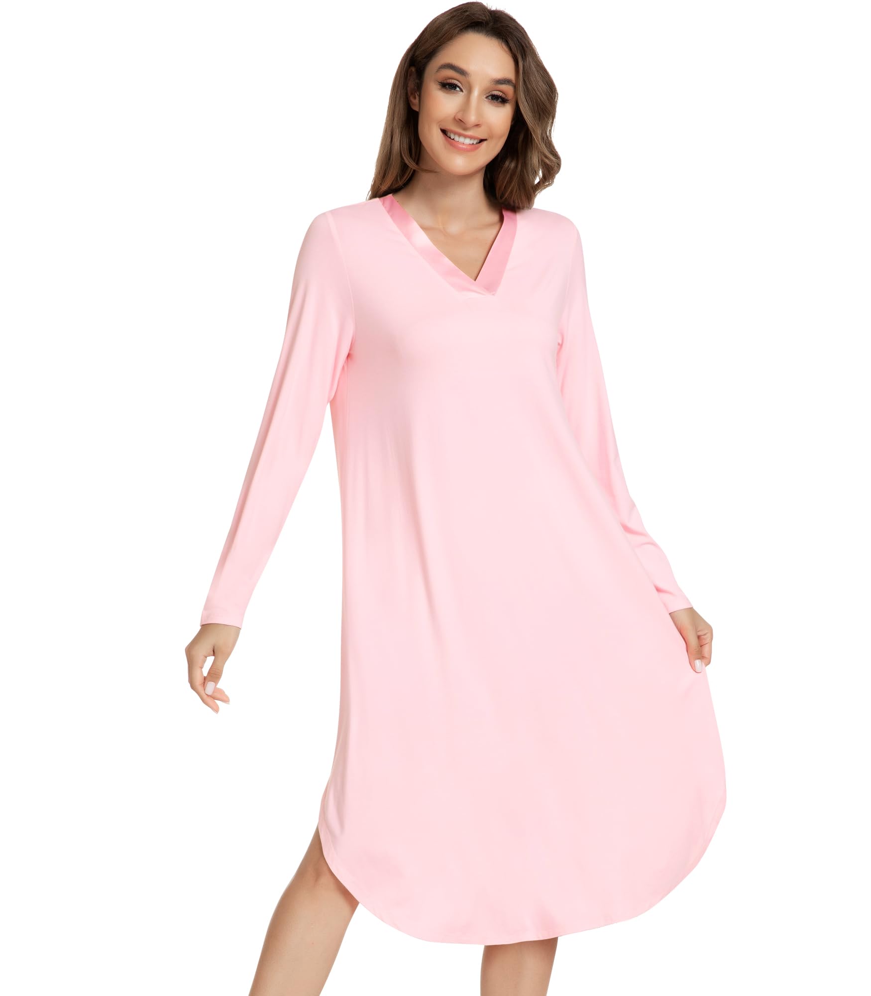 NACHILA Nightgowns for Women-Viscose Made from Bamboo, Long Sleeve Nightshirts Satin V Neck Sleepshirts Soft Sleep Dress