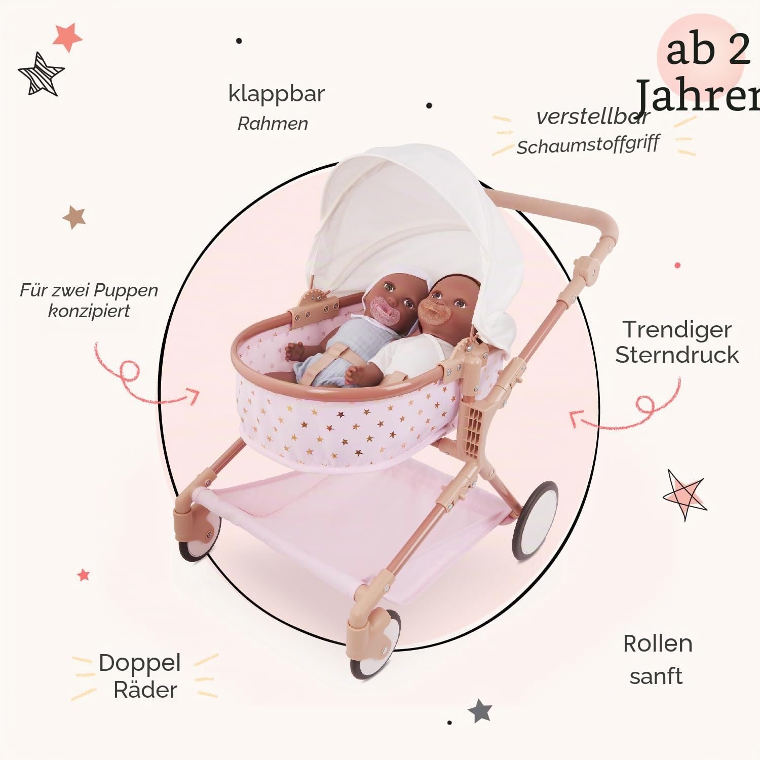 LullaBaby - Doppelter Puppenwagen - Zwillingspuppen-Kinderwagen - Rosa Spielzeug-Kinderwagen mit goldenen Sternen - Spielzeug für Kinder ab 2 Jahren