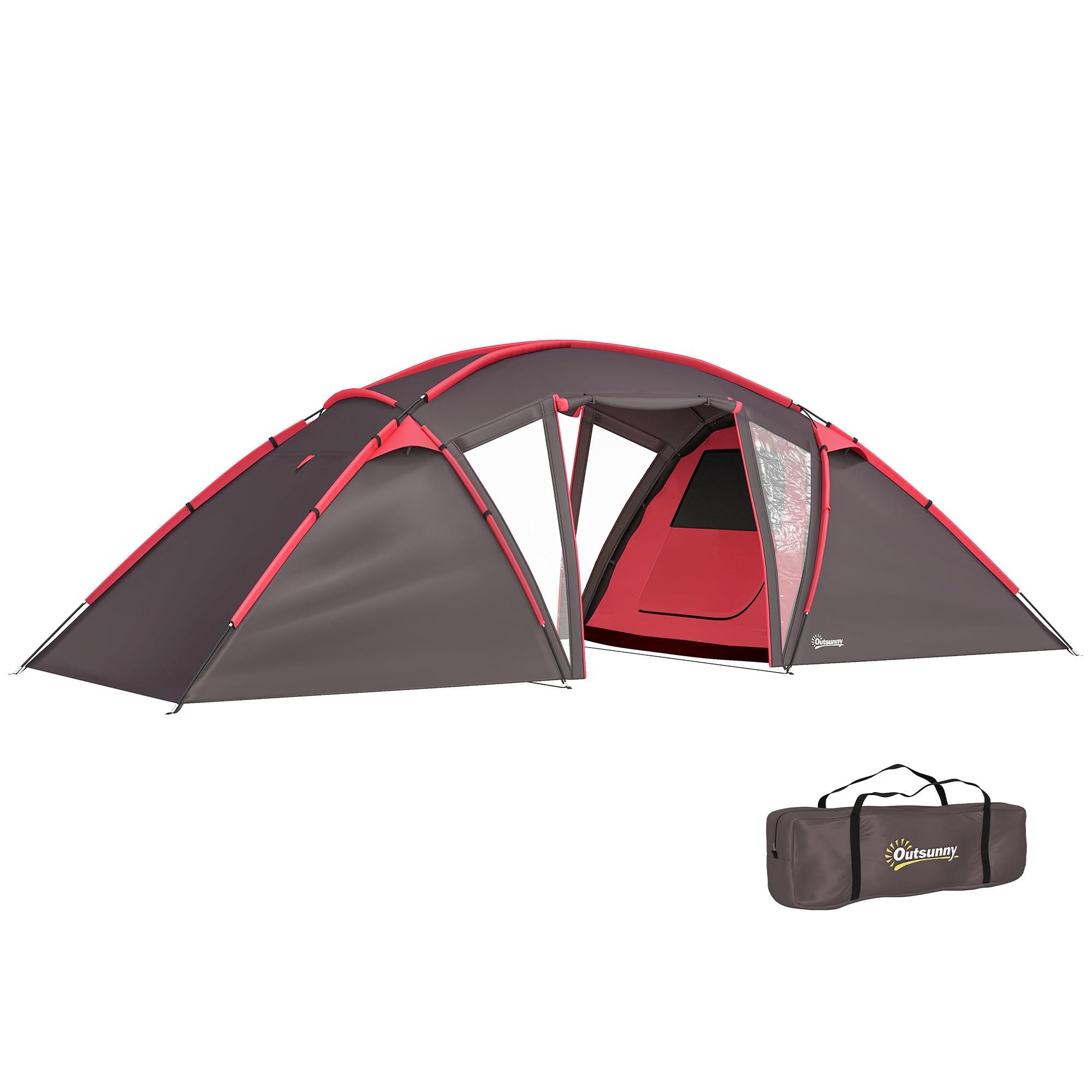 Outsunny 4-6 Man Family Camping Tent w/ 2 Bedrooms and a Living Room, Waterproof Tunnel Tent w/Sewn In Groundsheet, Doors, Windows, Carry Bag, Grey