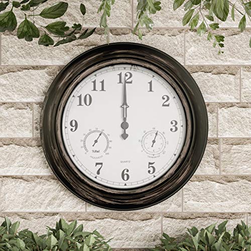 Pure Garden Wall Thermometer-Indoor Outdoor Decorative 18” Quartz Battery-Powered, Waterproof Clock, Temperature