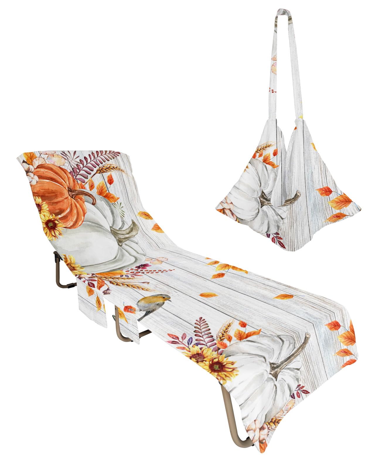 Pumpkins Birds Beach Chair Towel Covers for Chaise Lounge with Side Pocket, Soft Plush Pool Towels Cover for Patio Sunbathing Outdoor 29''x85'' Fall Thanksgiving Maple Leaves Farmhouse