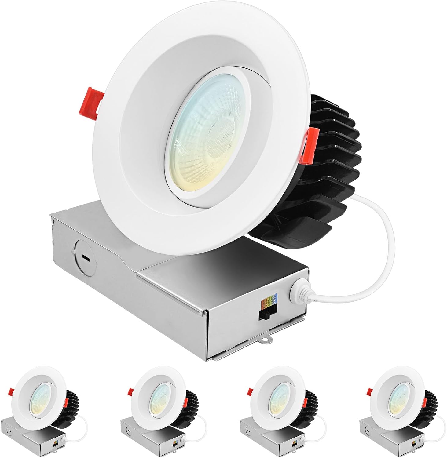 LUXRITE 4 Inch Gimbal Adjustable LED Recessed Light with J-Box, CRI90, 18W, 5 Color Selectable 2700K-5000K, 1500 Lumens, Dimmable, Directional LED Downlight, IC Rated, Damp Rated, ETL Listed (4 Pack)