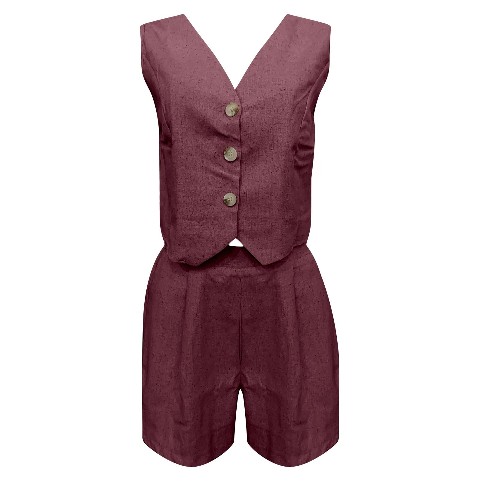 Generisch Set casual in lino con gilet e pantaloncini con scollo a V, tinta unita, da donna, per attività all'aperto, ufficio, casa, abbigliamento leggero