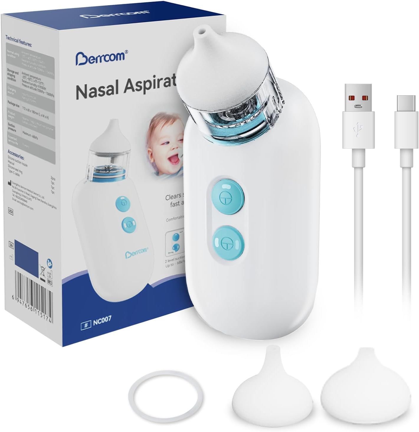 Berrcom Electric Nasal Aspirator for Baby, Baby Nose Sucker for Toddler Nose Suction for Infants, Rechargeable Nose Cleaner for Toddler with 2 Suction Levels and 2 Silicone Tips, USB Rechargeable
