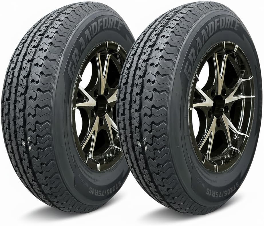 2PCS GRANDFORCE GF007 Trailer Tires ST205/75R15 8PR on 15x5 5x4.5 Black Machined Wheels