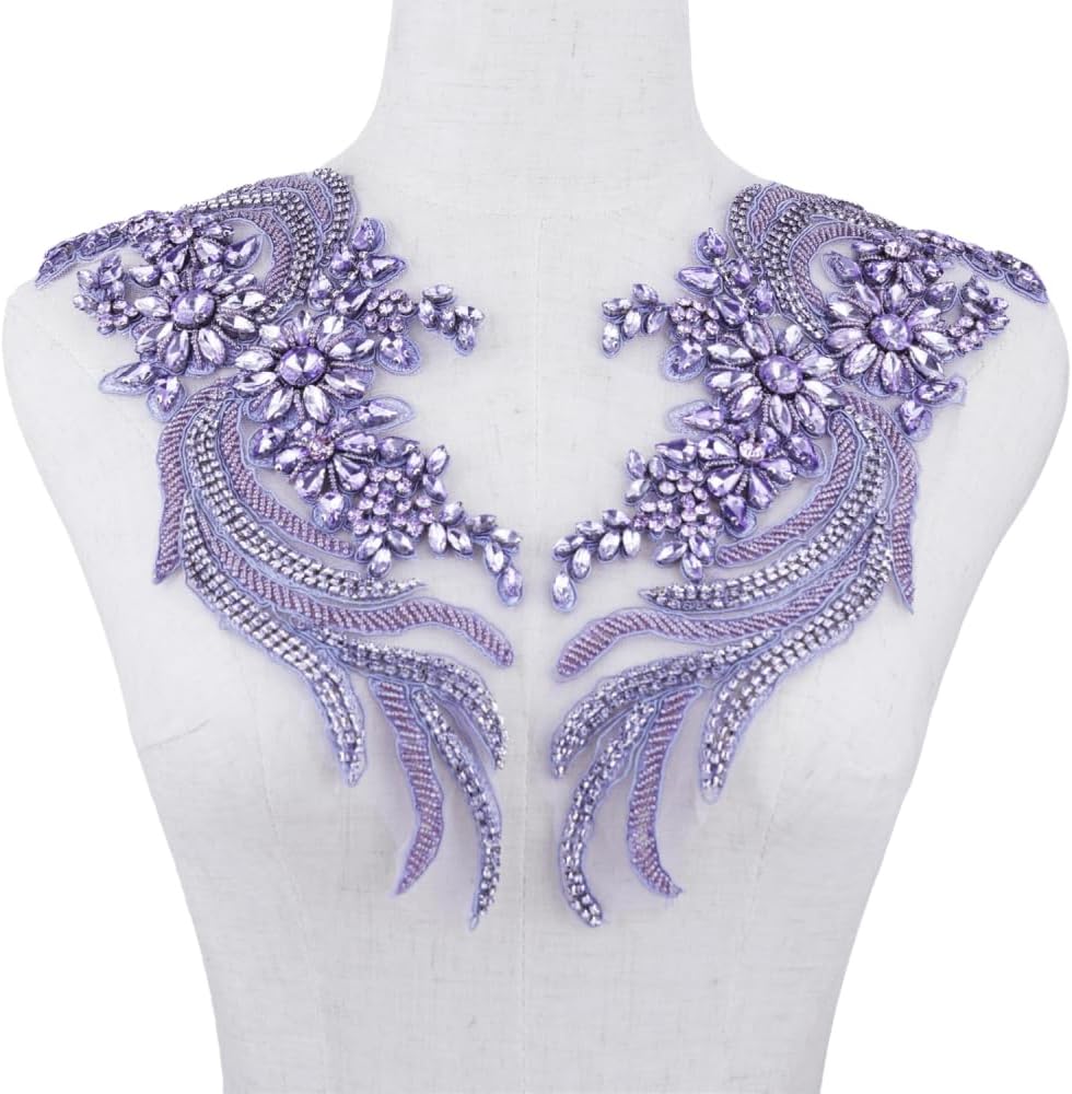 1 Pair Hand-Made Beaded Rhinestons DIY Clothing Appliques Patch Flower Applique Patch for Wedding Dress Decoration (Purple)