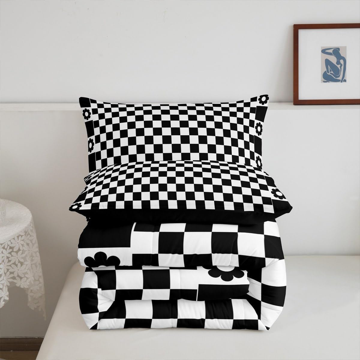 Black White Grid Comforter Set Twin Size, Geometric Lattice Checkerd Bedding Set 2pcs, Black Flower Plaid Down Comforter for All Season, Kids Boy Room Decor, Soft Polyester Quilt Set, 1 Pillowcase