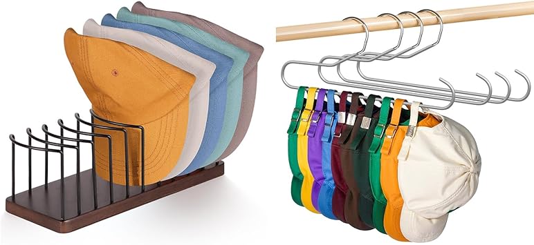 Hat Storage Organizer for Baseball Caps Non Slip PVC Coating Hat Rack Hangers for Closet Grey 4 Pack, Wooden Tabletop Hat Rack Stand Brown 1 Pack