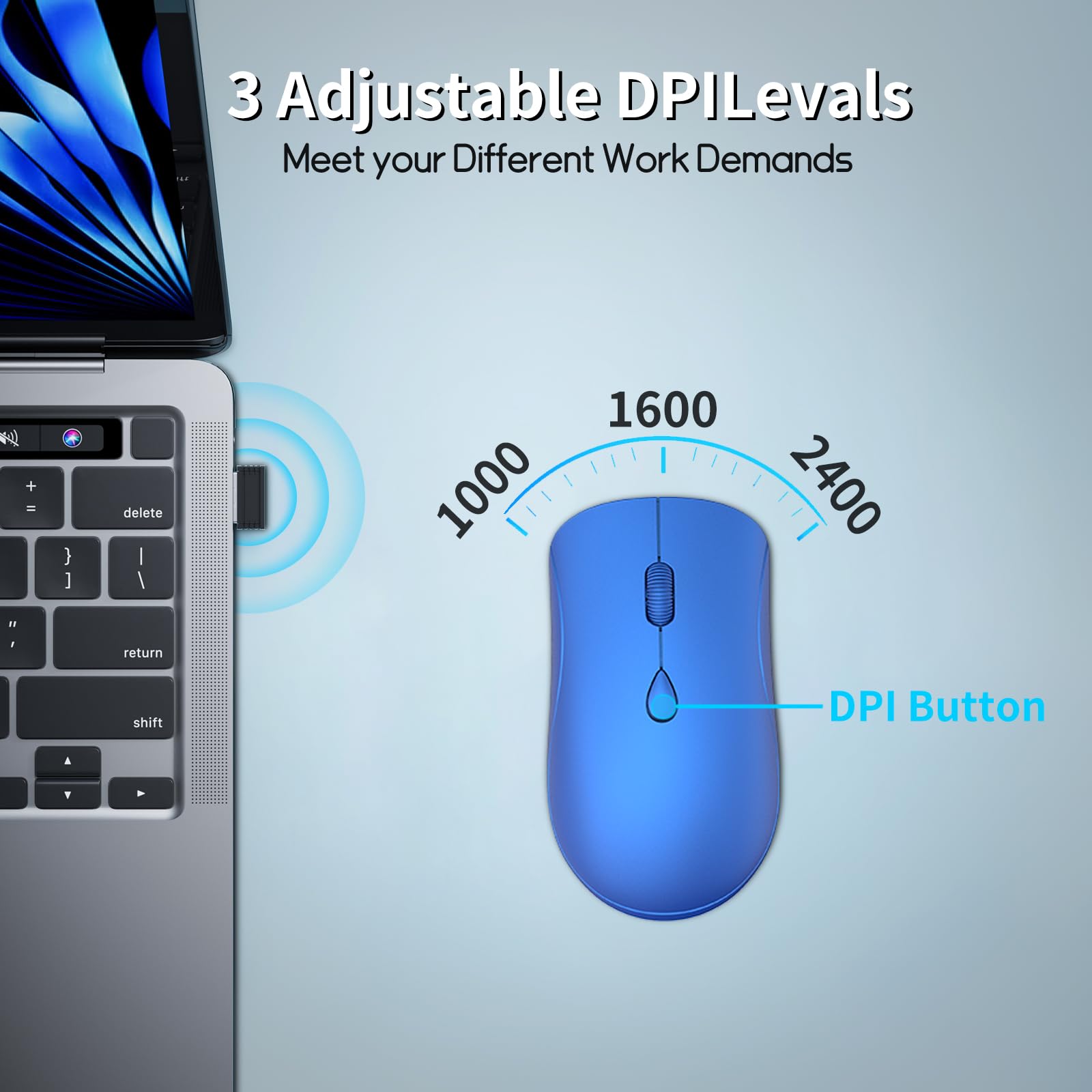 Mouse wireless per Chromebook, laptop, PC, MacBook, mouse ottico sottile portatile con mini ricevitore USB, clic silenzioso, 2400 DPI, 2,4 GHz, mouse portatile da viaggio silenzioso - blu