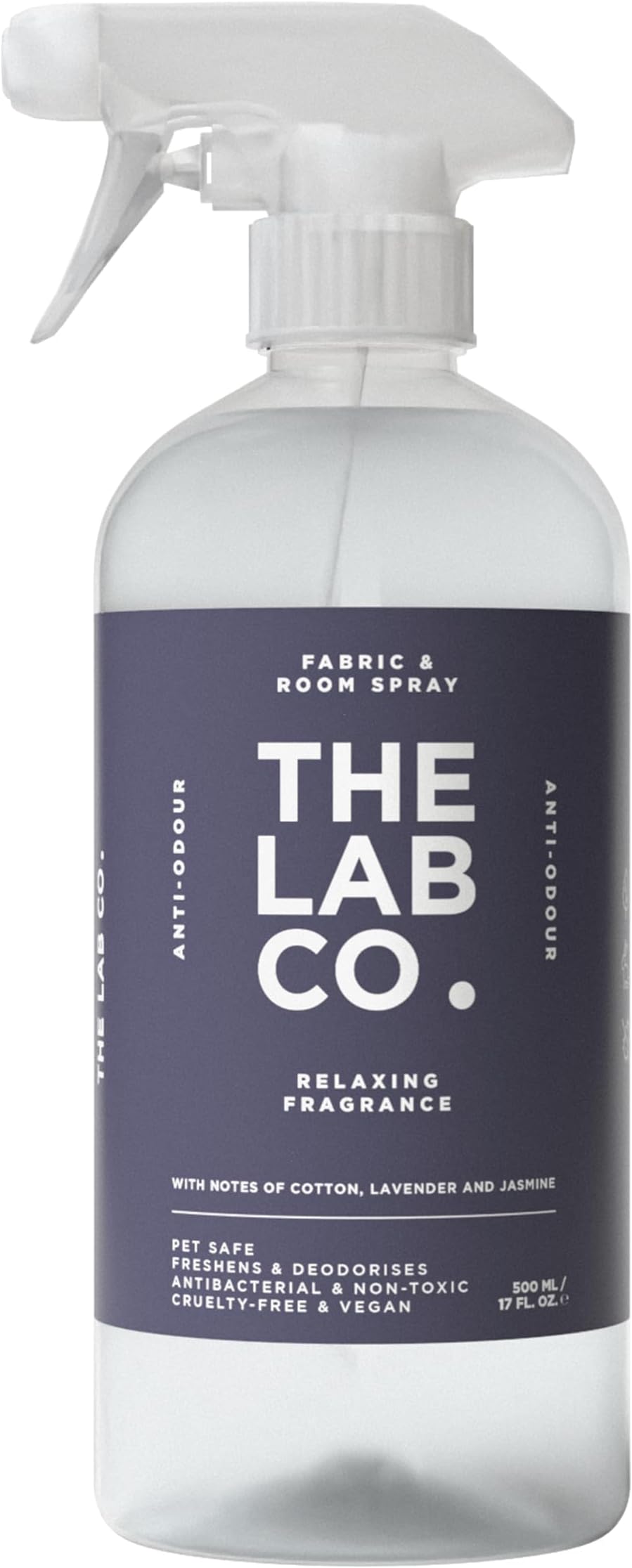 The Lab Co. Fabric & Room Spray | Eliminates Bad Odours | Neutralises Nasty Smells | Anti-Bacterial | Relaxing Fragrance with Lavender Cotton Jasmine Essential Oils | 500ml
