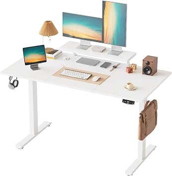 Klicelor Electric Height-Adjustable Desk with Movable Monitor Stand, 140 x 60 cm Sit-Stand Desk with 2 Memory Buttons and 3-Piece Table Top, Computer Desks, White