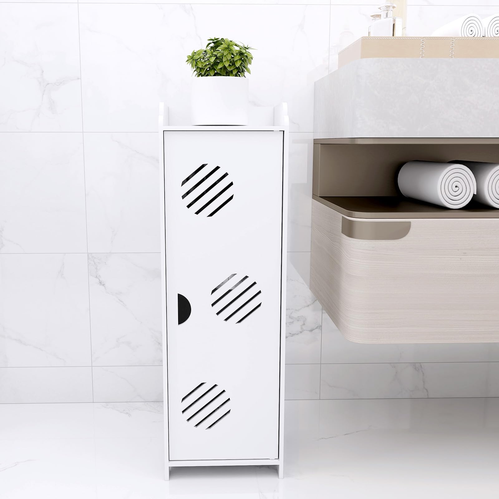 LANTUS Petit Meuble de Rangement pour Toilettes, Meuble de Salle de Bain Support Papier Toilette avec Placard et étagères réglables-24 * 20 * 75cm -Blanc