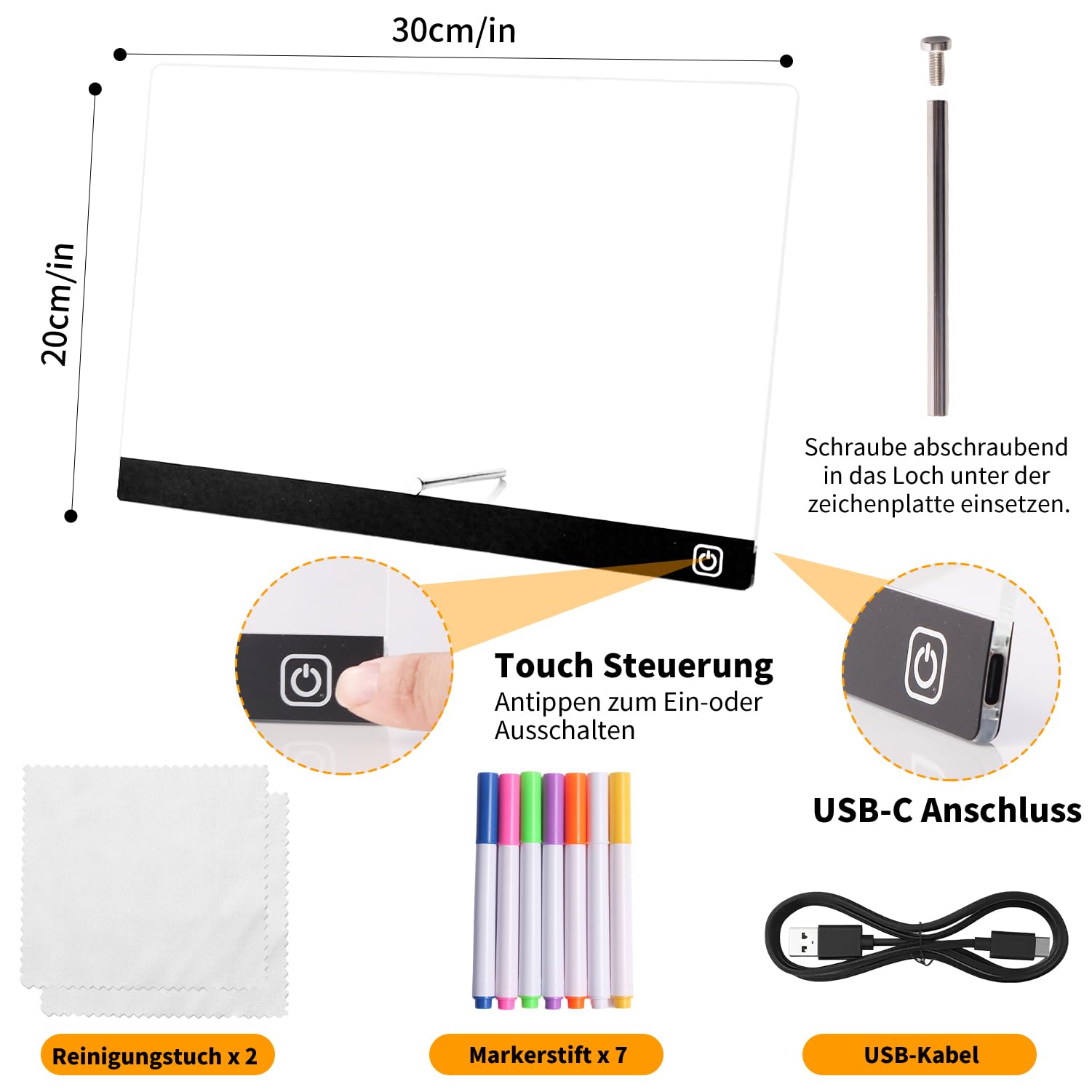Led Zeichenbrett,30x20cm Leuchtendes Zeichenbrett mit 7 Farben & Ein/Aus-Schalter,Acryl Notiztafel Led Maltafel Drawing Board,LED Memoboard Kreatives Geschenk Spielzeug für Kinder/Mädchen/Teenager