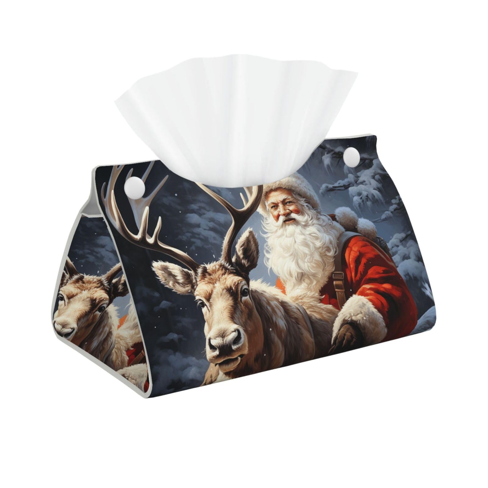 Santa Claus and Deer Elk Tissue Box Cover, Pu Leather Tissue Case Covers Rectangle Decorative Tissue Box Holder Waterproof Tissue Holder Organizer for Bathroom Home Office
