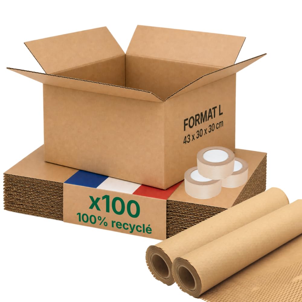 Opakowanie kartonowe L - Opakowanie 100 sztuk + ochrona papieru + klej papierowy - 43x30x30 cm - Wzmocniony - 100% nadający się do recyklingu - buty, pościel, e-commerce - Life Pack