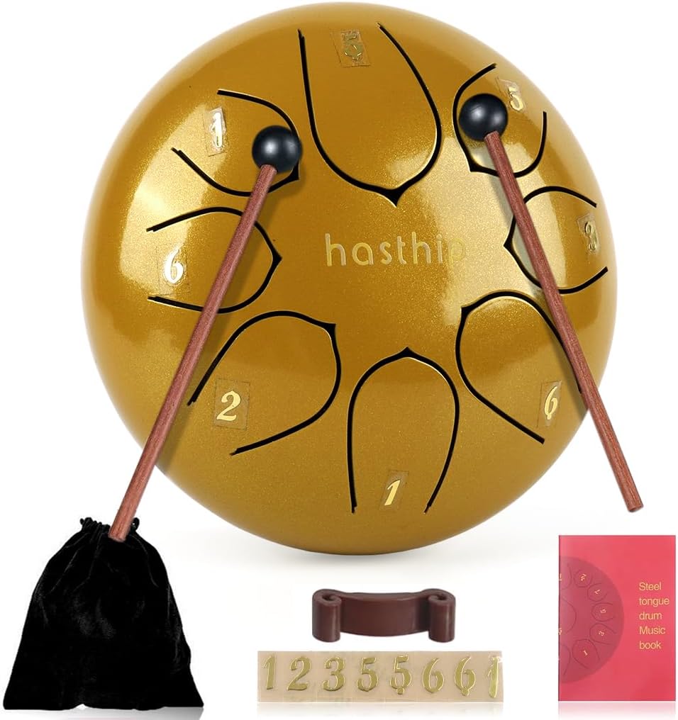 - HASTHIP® 6-inch Steel Tongue Drum 8 Note, Percussion Instrument Handpan Drum with Bag, Music Book and Mallets for Kids and Adults Meditation Musical Education Concert Mind Healing Yoga (Gold)