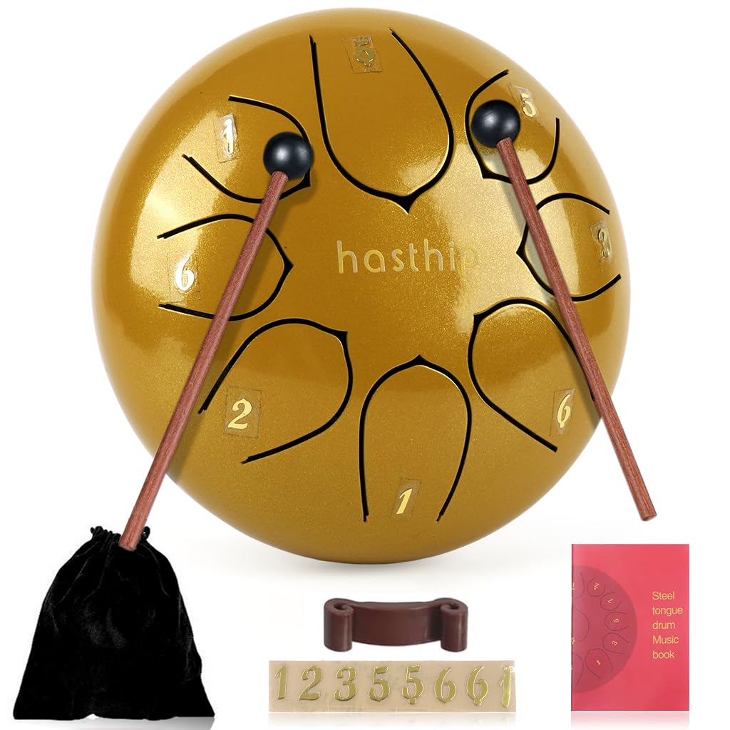 HASTHIP® 6-inch Steel Tongue Drum 8 Note, Percussion Instrument Handpan Drum with Bag, Music Book and Mallets for Kids and Adults Meditation Musical Education Concert Mind Healing Yoga (Gold)