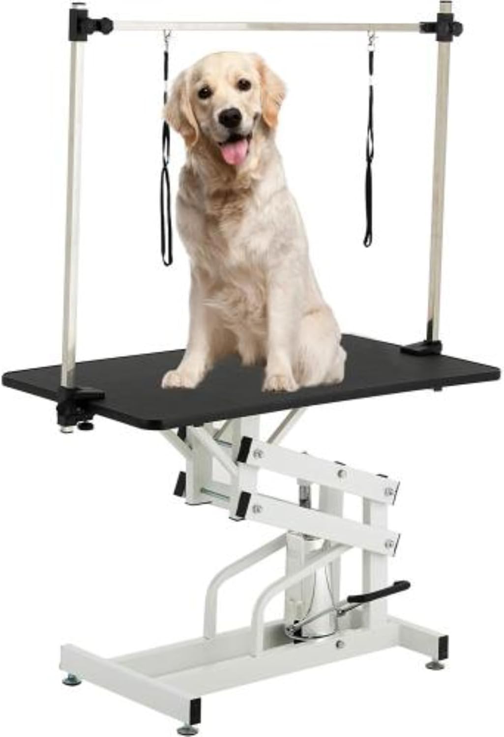 42.5" Hydraulic Pet Grooming Table, Folding Pet Grooming Table, Hair Trimming Table with Pet Retention Leash, Height Adjustable, with H Shaped Armrests, Black