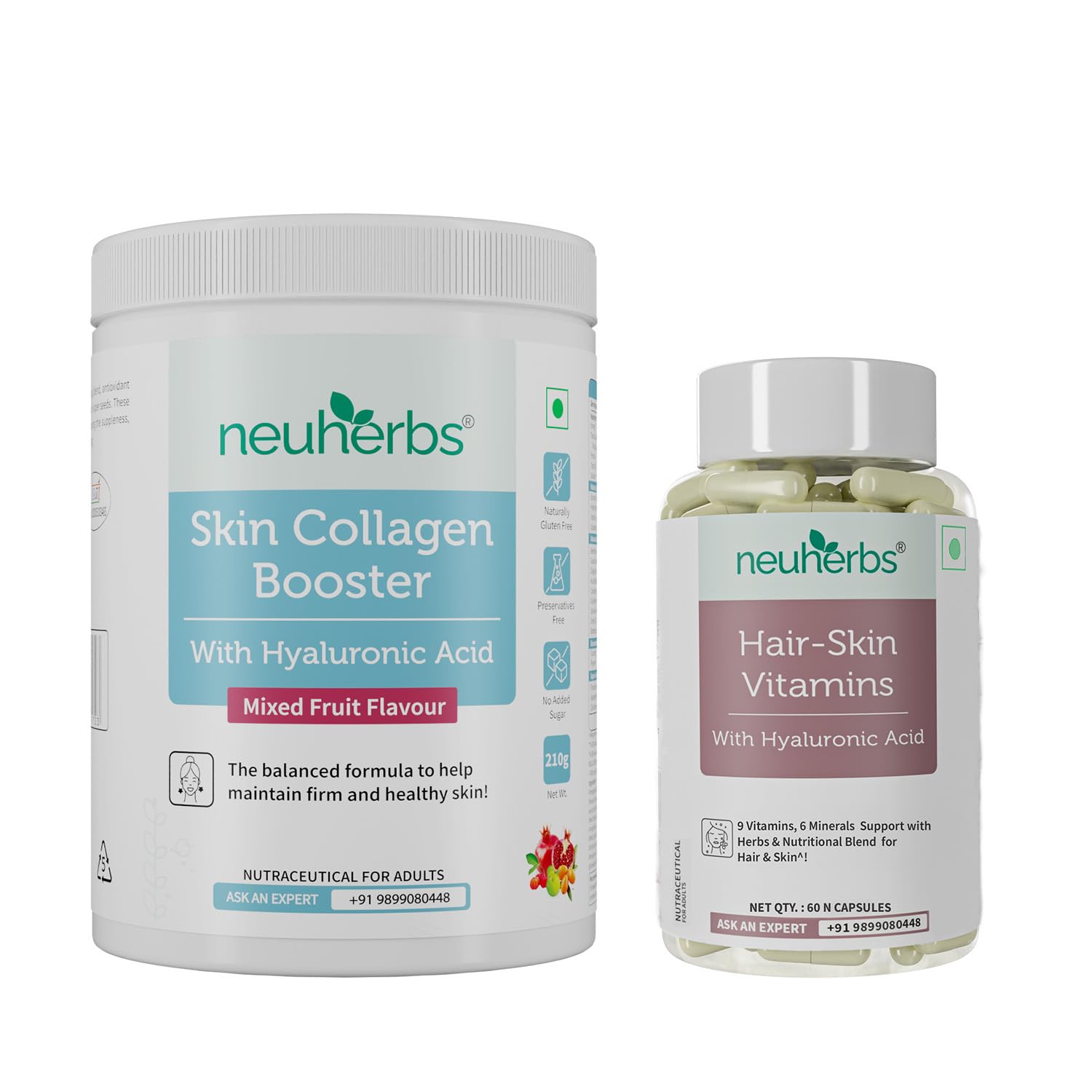 Neuherbs Collagen Supplement Powder- 210 G and Hair Skin Vitamin Supplement with Biotin (60 Capsules) - Combo Pack for Women & Men for Healthy Skin, Healthy Hairs & Shining Nails.