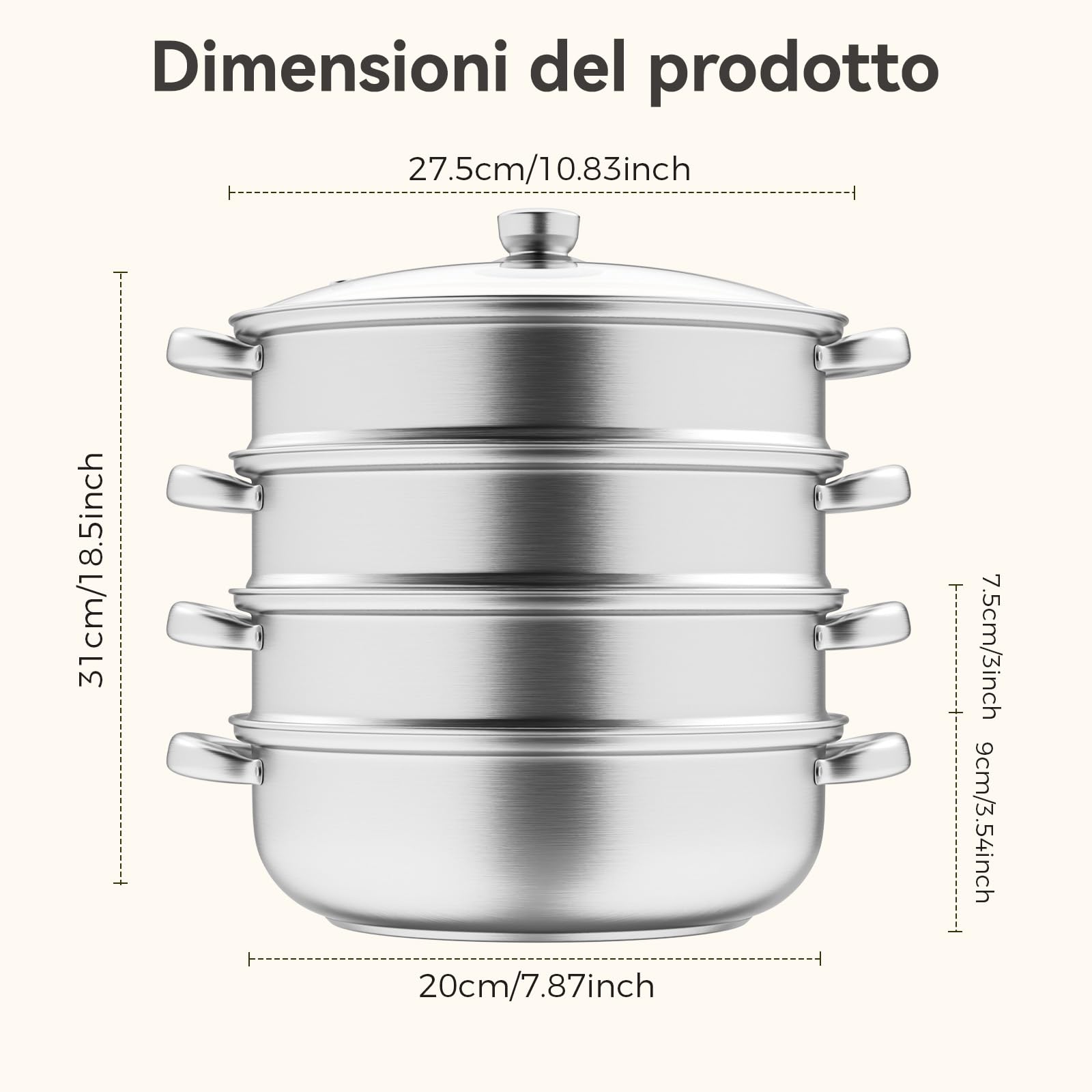 Vaporiera per cucinare Pentola per cottura a vapore in acciaio inossidabile da 28 cm con cestello per cottura a vapore, pentole a 3/4/5 livelli con coperchio per cucinare verdure, zuppe (4 livelli)