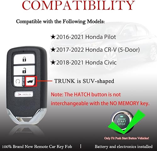 Miniatura 2 de Reemplazo remoto para llavero compatible con Honda Civic 2018-2021CR-V 2017-2020Pilot 2016-2019 KR5V2X(V44) Smart Proximity Entrada sin llave