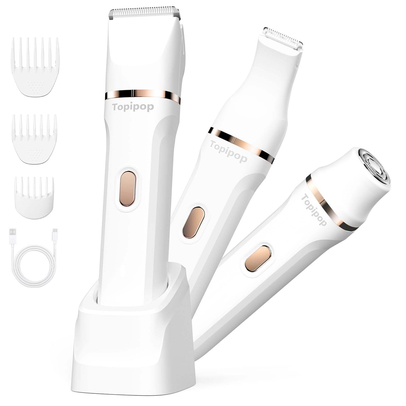 Intimrasierer für Frauen, 3 in 1 Elektrischer Rasierer Damen für Bikinizone, Gesicht und Körper, Kabelloser Bikini Trimmer für Intimbereich, Wasserdicht & Hautfreundlich(Weiß)