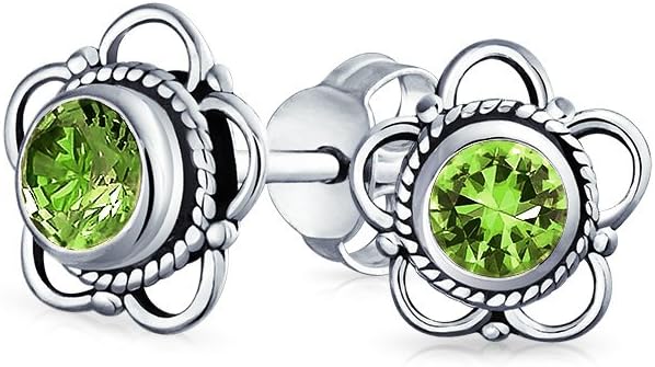 Bali Indonesian Tiny Open Genuine Gemstone Birthstone Flower Stud Earrings For Women Teens Oxidized .925 Sterling Silver