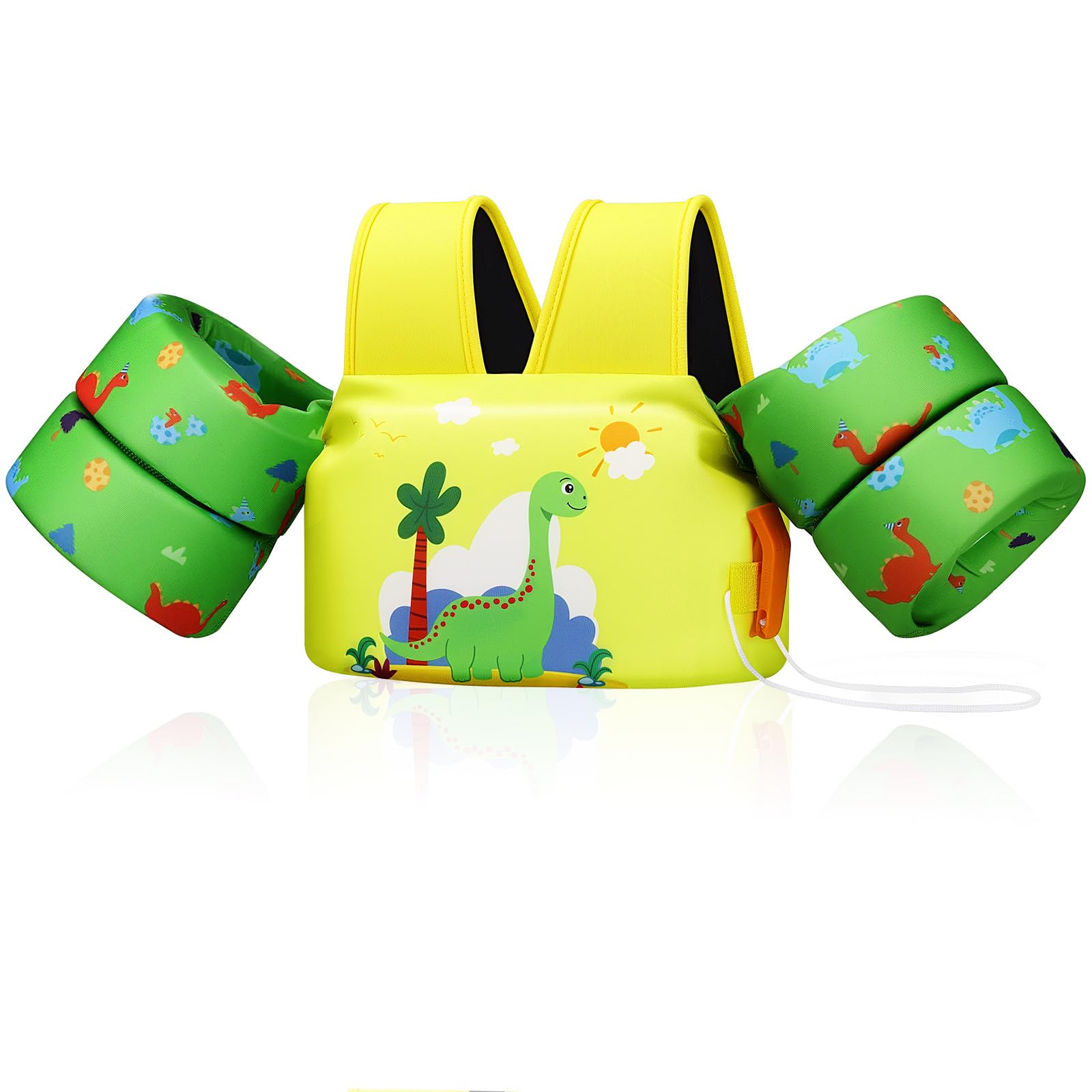 MoKo Toddler Swim Vest for Kids, Swim Arm Floaties 22-66lbs Cartoon Swimming Water Wings Pool Float Vests Sleeves Shoulder Straps Arm Band for Children, Yellowish Green Dinosaur