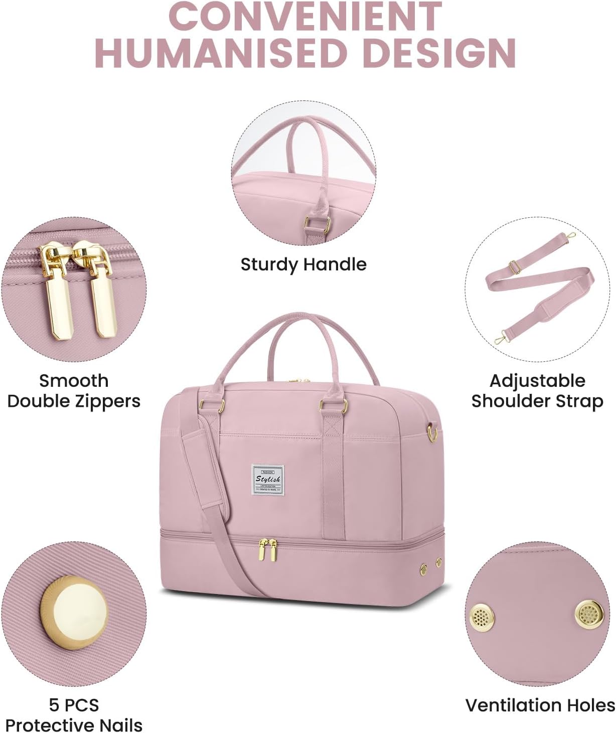 Weekender Travel Duffle Bag for Women: Overnight Bags with Shoe Compartment Carry on Bags for Airplanes with Toiletry Bag Weekend Yoga Gym Bag with Wet Pocket Travel Duffel Tote Bag Hospital Bag Pink - Image 4