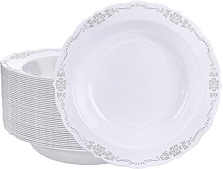 DaYammi 30 Pack Plastic Bowls with Silver Rim, 12oz Disposable Soup Bowls, Heavy Duty Dinner Bowls for Weddings, Parties, Dinners, Catering and Everyday Use