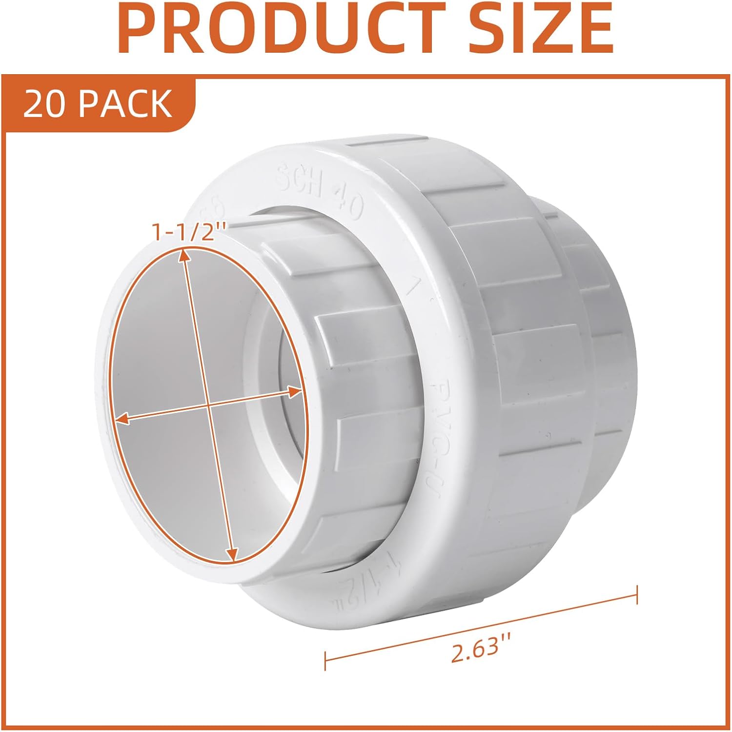 20 Pack 1-1/2'' PVC Union Coupling Pipe Fitting (Socket x Socket) 1-1/2 Inch PVC Slip Union Coupling Adapter - Schedule 40 EPDM O-Ring Adapter