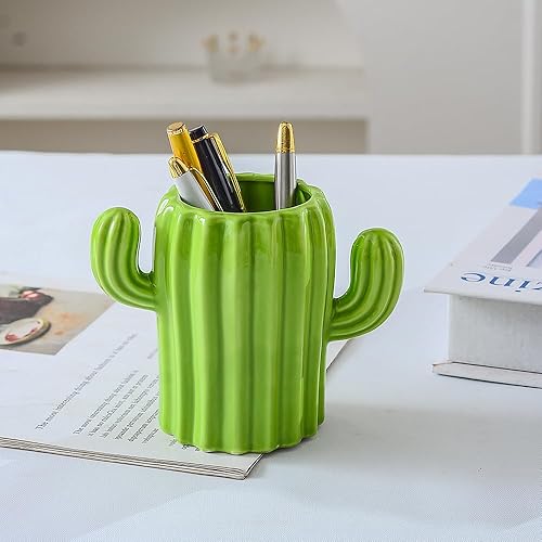 Miniatura 4 de YOSCO Soporte de cerámica para lápices de cactus, lindo vaso para escritorio para niños, lindo cactus decoración de oficina, accesorios de