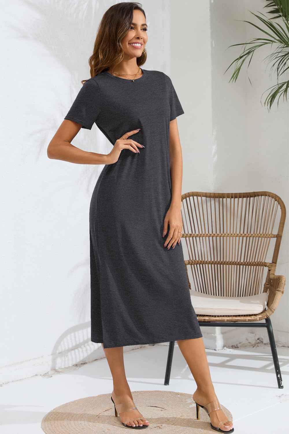 Naggoo Women's Summer Shift Fitted Dresses Short Sleeve Crew Neck Pocker Tshirt Long Dresses Dark Gray - Image 5