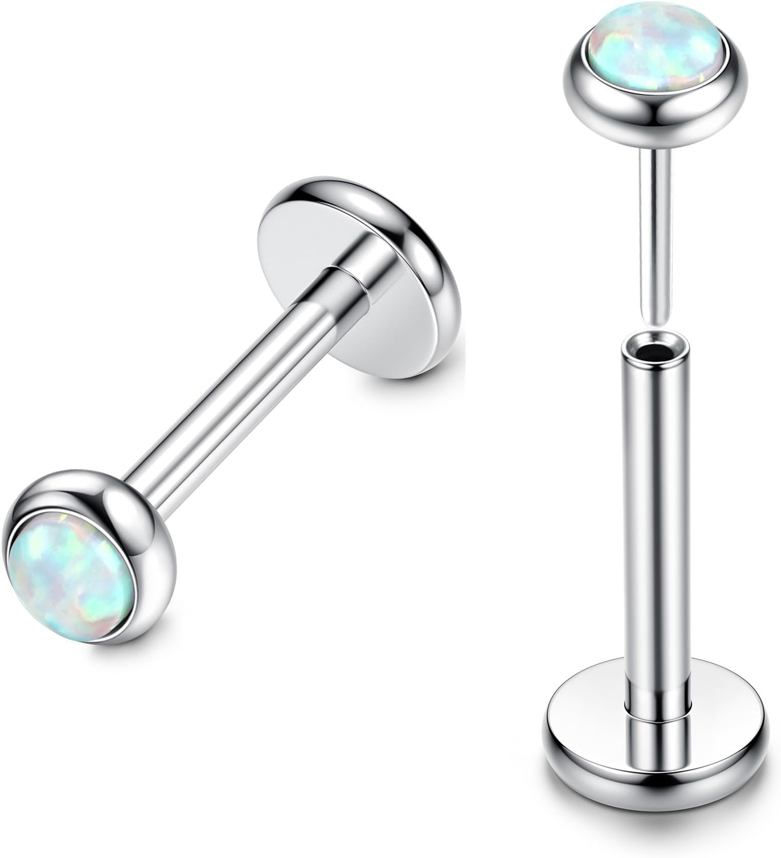 BESTEEL G23 Titanium Tragus Cartilage Earrings Stud 16G 20G Threadless Push in Nose Stud Opal Flat Back Earrings Zircon Nose Labret Lip Bar Piercing Silver Medusa Tragus Helix Piercing Jewellery